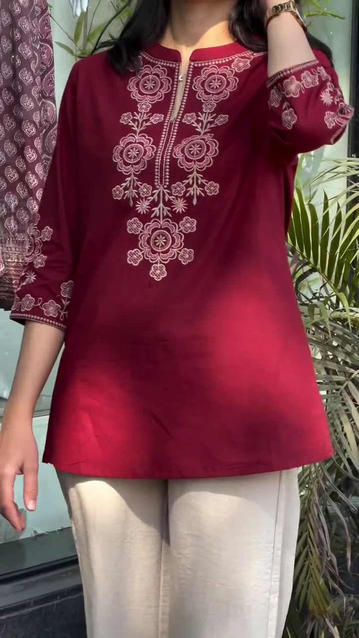 Elegant Wine Red Blossom Cotton Top with Floral & Bird Embroidery - Image 4