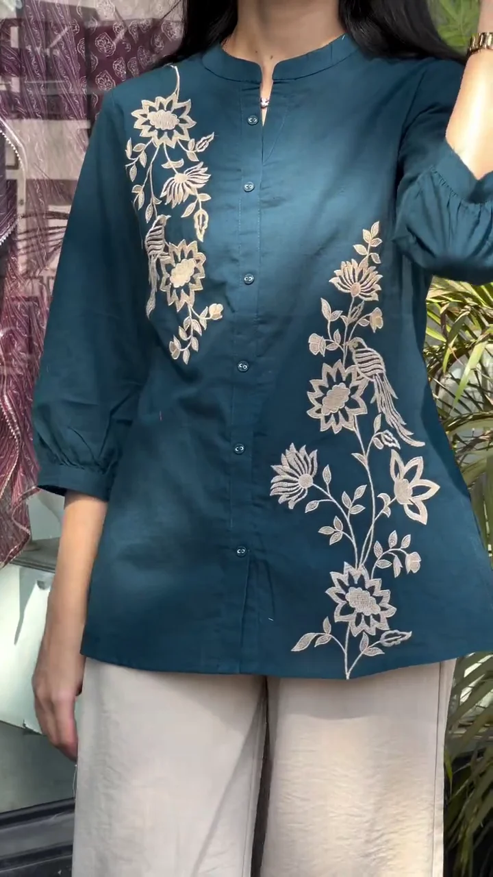 Elegant Wine Red Blossom Cotton Top with Floral & Bird Embroidery - Image 2