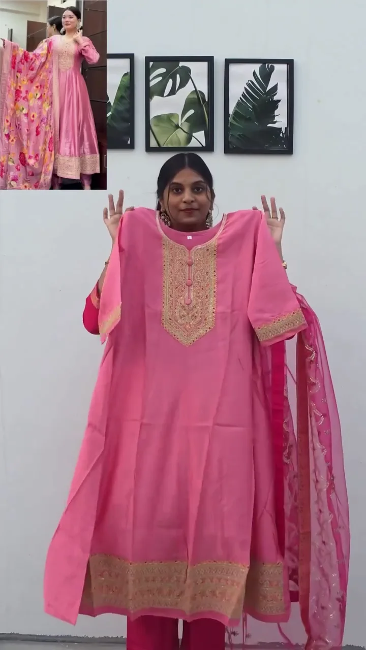 Royal Rust Orange Naixa Vichitra Silk Flared Kurta Set with Dupatta - Image 4